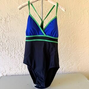 Catalina One Piece Swimsuit L Black Blue Green Colorblock Strappy